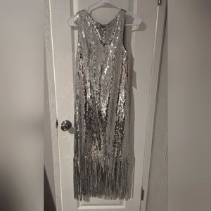 Nanette Lepore Silver Sequin Fringe Dress